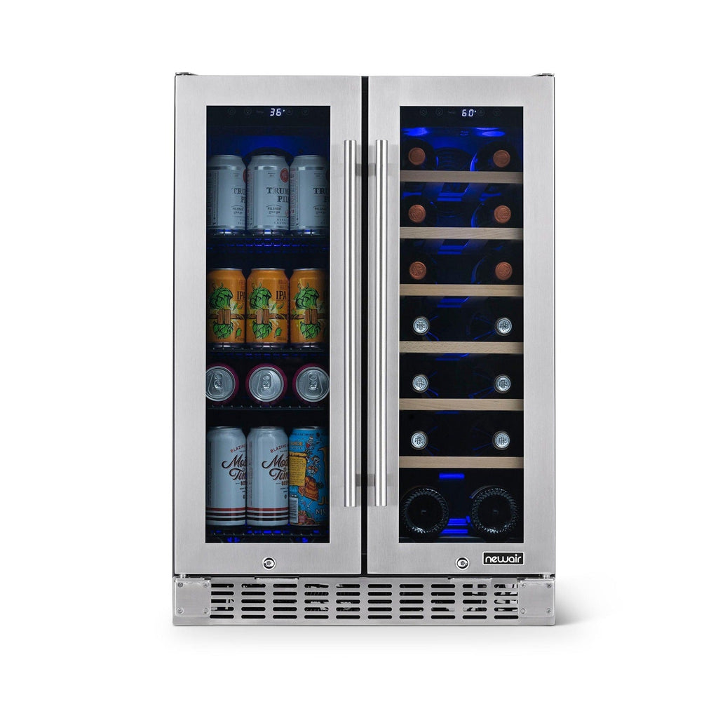 Newair - 24” 20-Bottle/60 Can Dual-Zone French Door Wine & Beverage Center (NWB080SS00) w/ Beech Wood Shelves
