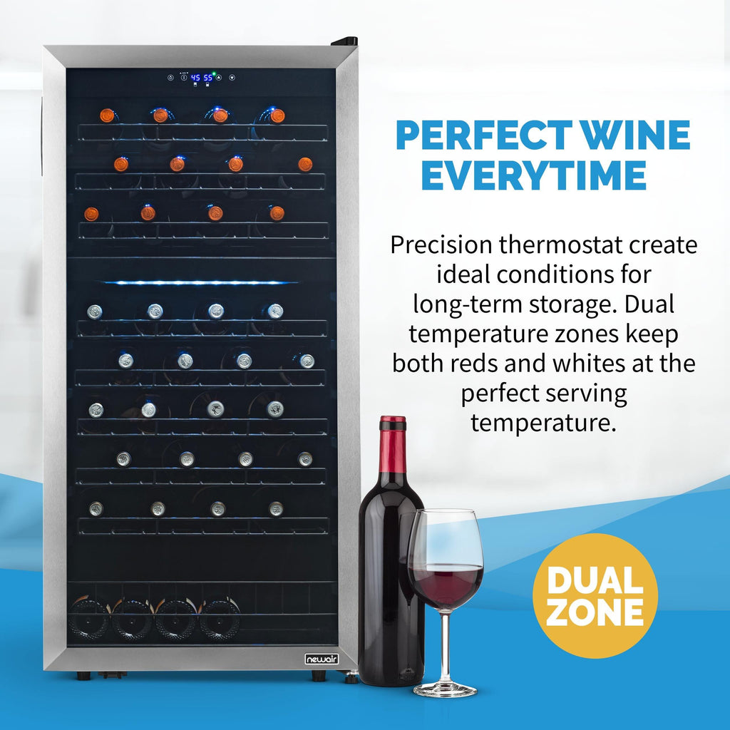 Newair - 76-Bottle Dual-Zone Freestanding Wine Cooler w/ Low-Vibration Ultra-Quiet Inverter Compressor (NWC076SS00)