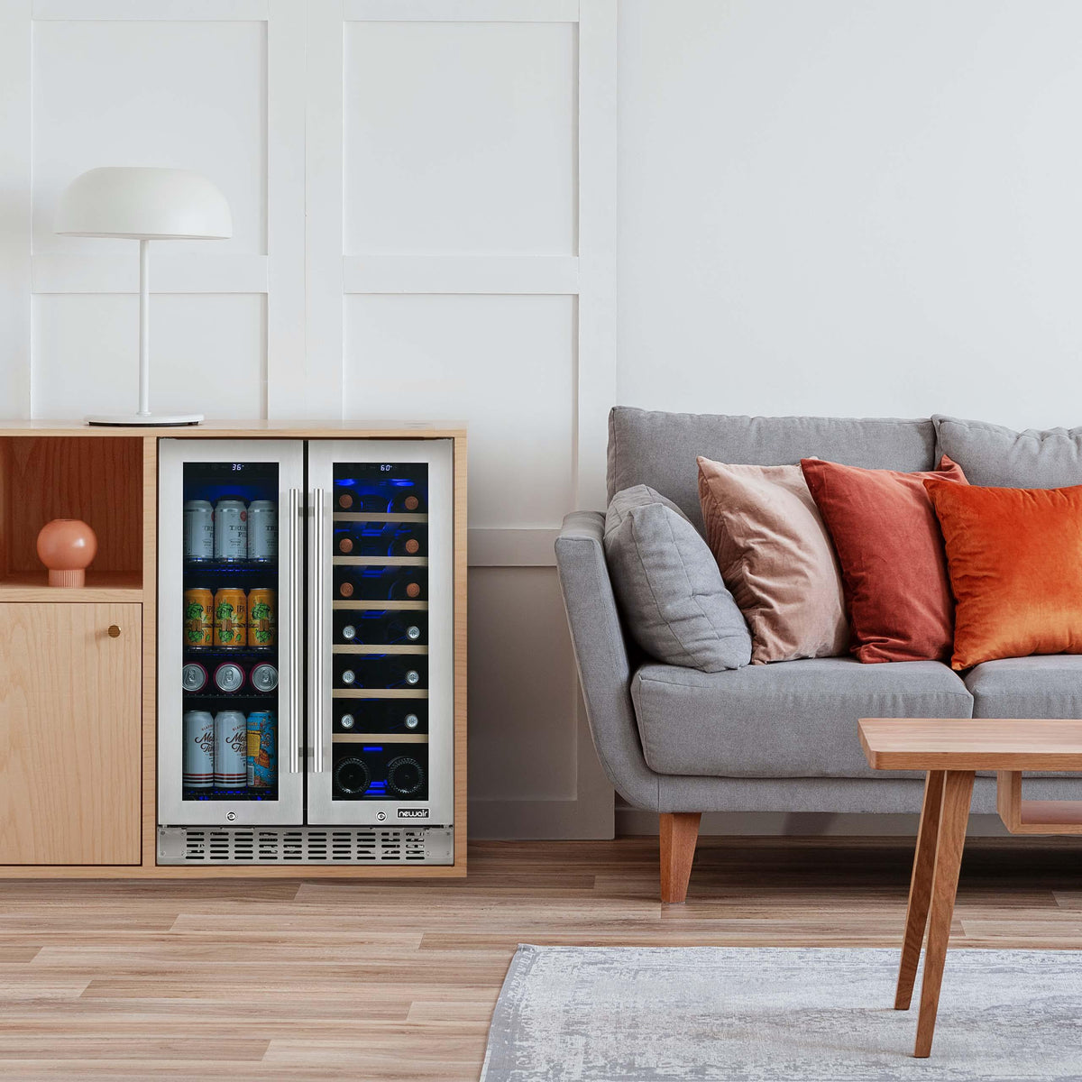 Newair - 24” 20-Bottle/60 Can Dual-Zone French Door Wine & Beverage Center (NWB080SS00) w/ Beech Wood Shelves