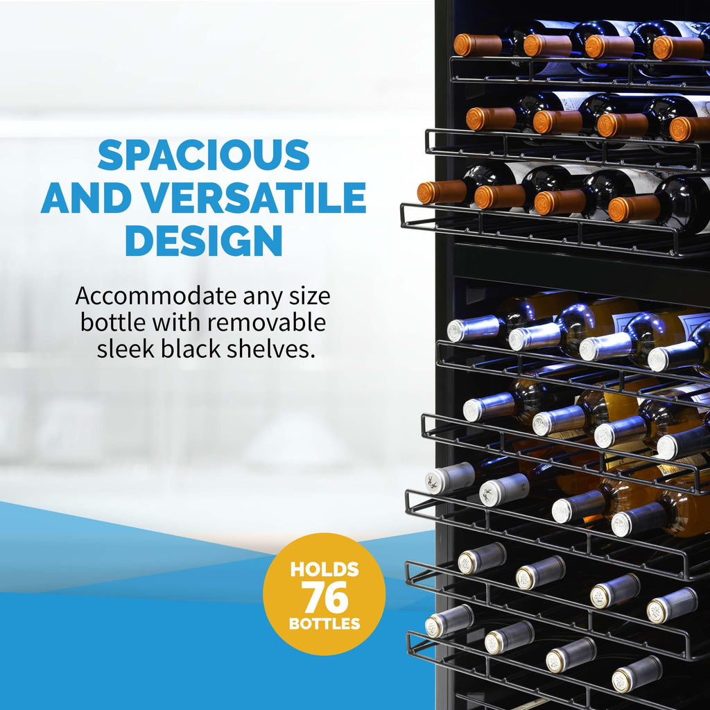 Newair - 76-Bottle Dual-Zone Freestanding Wine Cooler w/ Low-Vibration Ultra-Quiet Inverter Compressor (NWC076SS00)