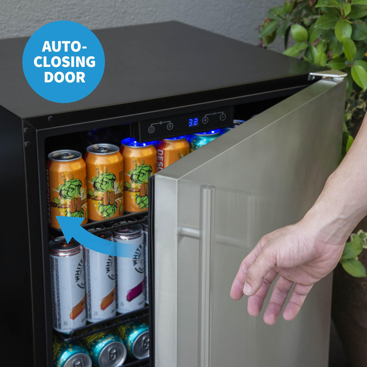 Newair - 24” 160-Can Built-in/Portable Weatherproof Outdoor Beverage Fridge (NOF160SS00) - Stainless Steel w/ Auto-Closing Door & Easy Glide Casters