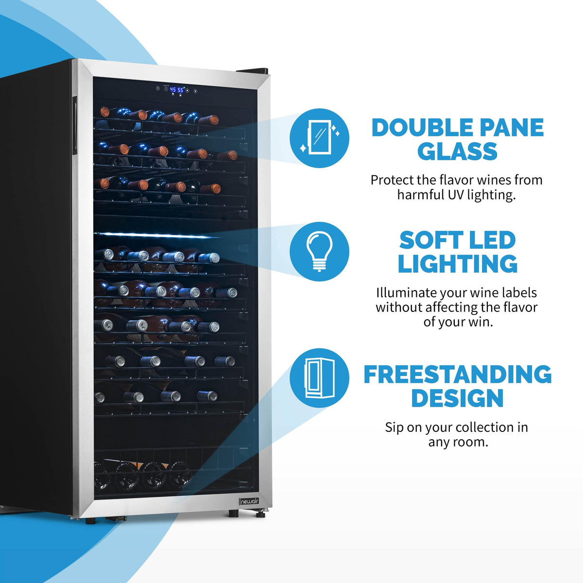 Newair - 76-Bottle Dual-Zone Freestanding Wine Cooler w/ Low-Vibration Ultra-Quiet Inverter Compressor (NWC076SS00)
