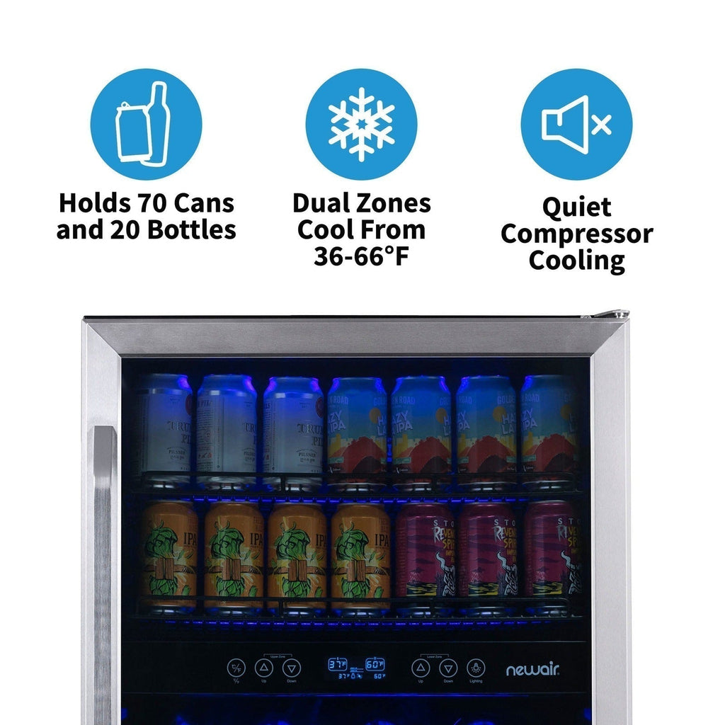 Newair - 24” 20-Bottle/70 Can Dual-Zone Built-in/Freestanding Wine & Beverage Center(AWB-400DB) in Stainless Steel w/ SplitShelf™ & Smooth Rolling Shelves