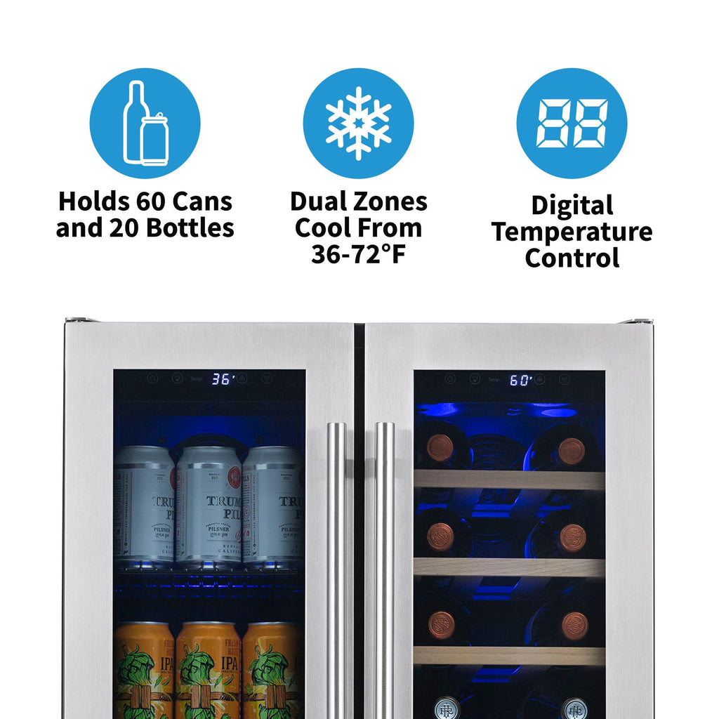 Newair - 24” 20-Bottle/60 Can Dual-Zone French Door Wine & Beverage Center (NWB080SS00) w/ Beech Wood Shelves