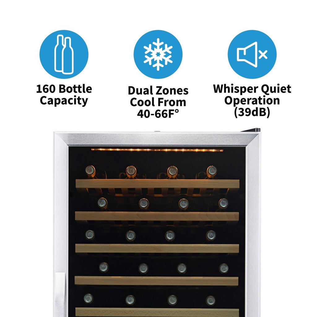 Newair - 27” 160-Bottle Dual-Zone Built-in/Freestanding Stainless Steel Wine Fridge (AWR-1600DB) - w/ Smooth Rolling Shelves