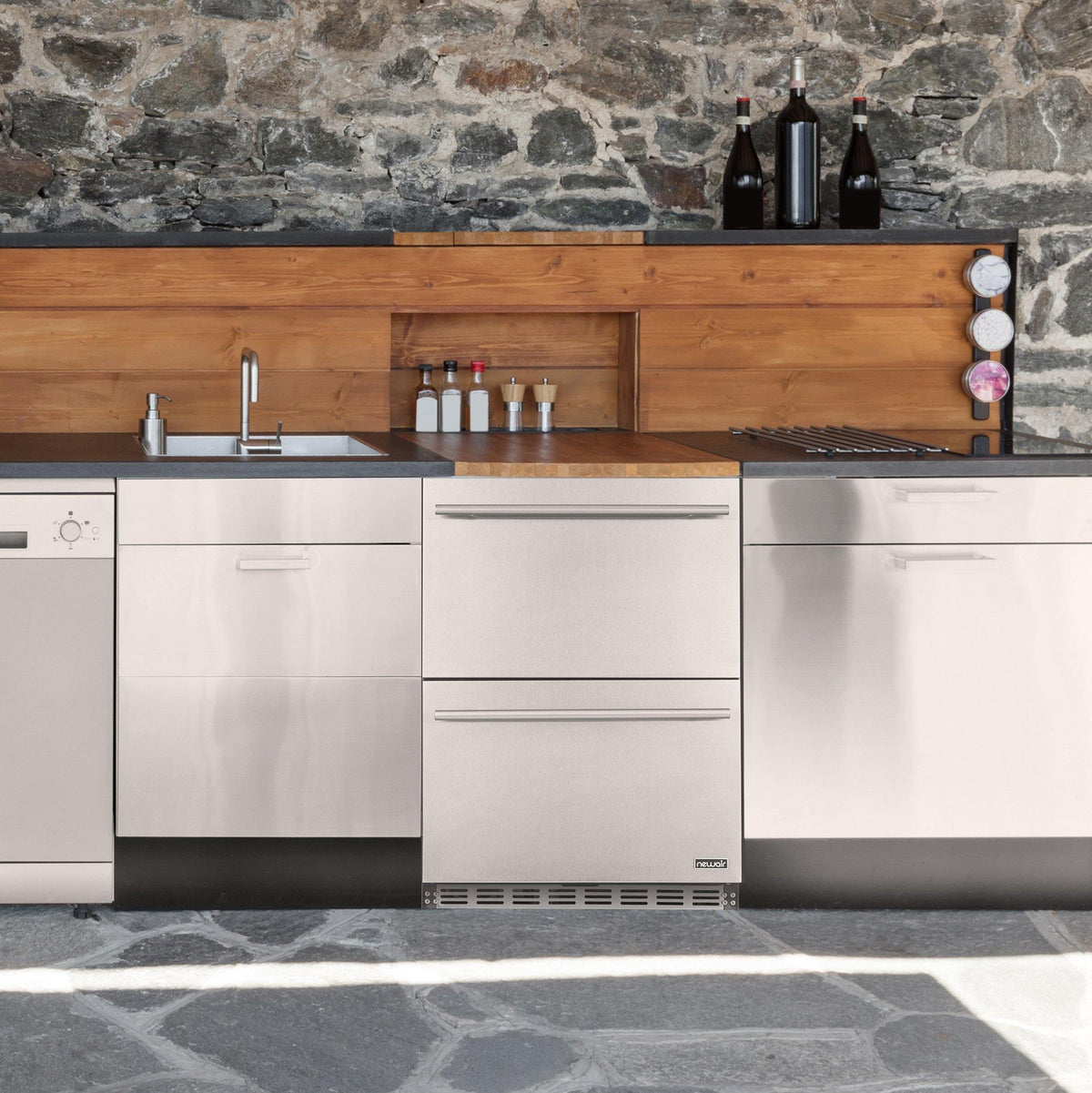 Newair - 24” 20-Bottle/80 Can Dual-Zone Built-in/Freestanding Outdoor Dual Drawer Wine & Beverage Center (NOF100SS00)