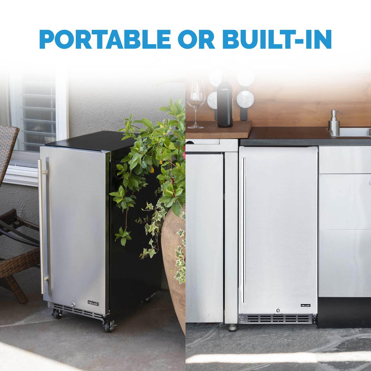 NewAir - 15" 90-Can Weatherproof Outdoor Beverage Center (NOF090SS00) Stainless Steel w/ Auto-Closing Door & Easy Glide Casters