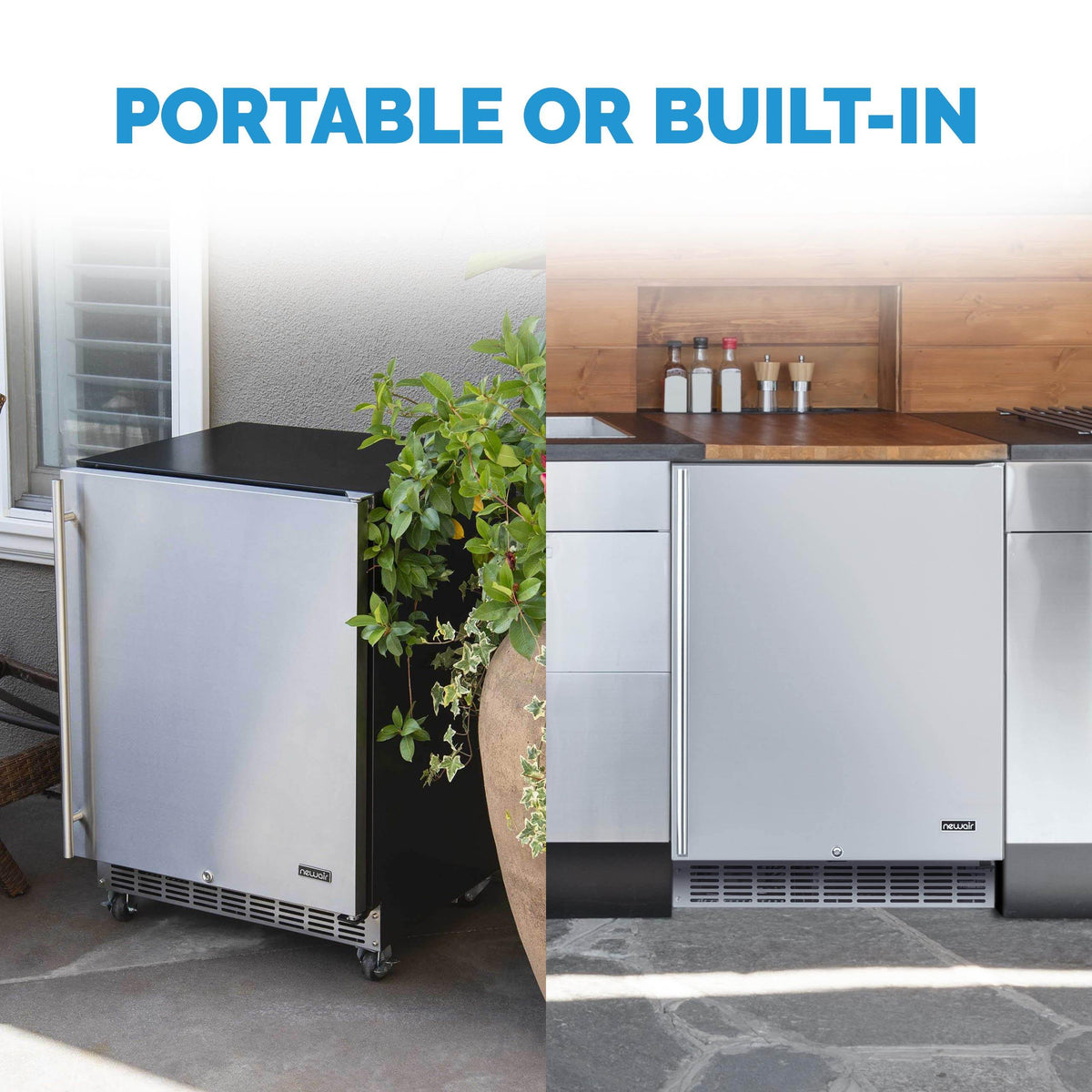 Newair - 24” 160-Can Built-in/Portable Weatherproof Outdoor Beverage Fridge (NOF160SS00) - Stainless Steel w/ Auto-Closing Door & Easy Glide Casters