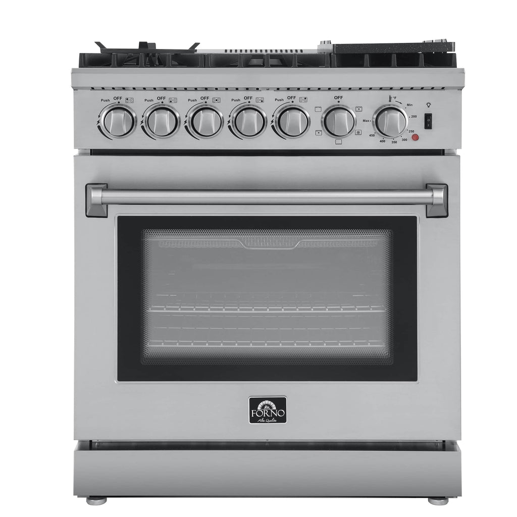 Forno 3-Piece Appliance Package - 30-Inch Dual Fuel Range with Air Fryer, French Door Refrigerator, and Dishwasher in Stainless Steel - AP3-6196-30