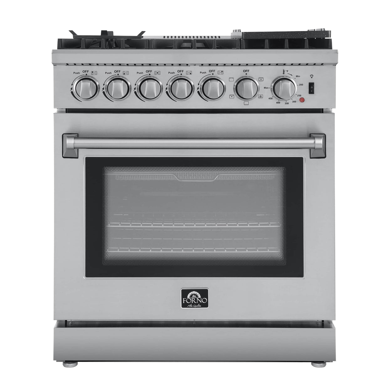 Forno 4-Piece Appliance Package - 30-Inch Dual Fuel Range with Air Fryer, Refrigerator, 24-Inch Microwave Drawer, & 3-Rack Dishwasher in Stainless Steel - AP4-6196-30-MWD