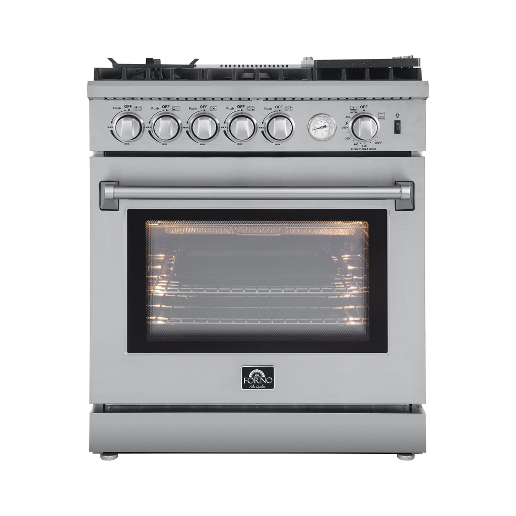 Forno 3-Piece Appliance Package - 30-Inch Gas Range with Air Fryer, French Door Refrigerator, and Dishwasher in Stainless Steel - AP3-6276-30