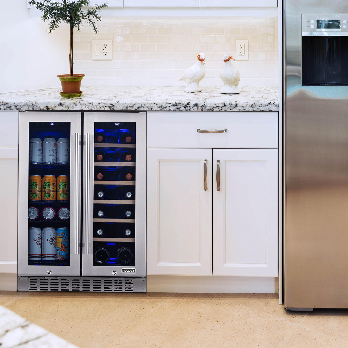 Newair - 24” 20-Bottle/60 Can Dual-Zone French Door Wine & Beverage Center (NWB080SS00) w/ Beech Wood Shelves