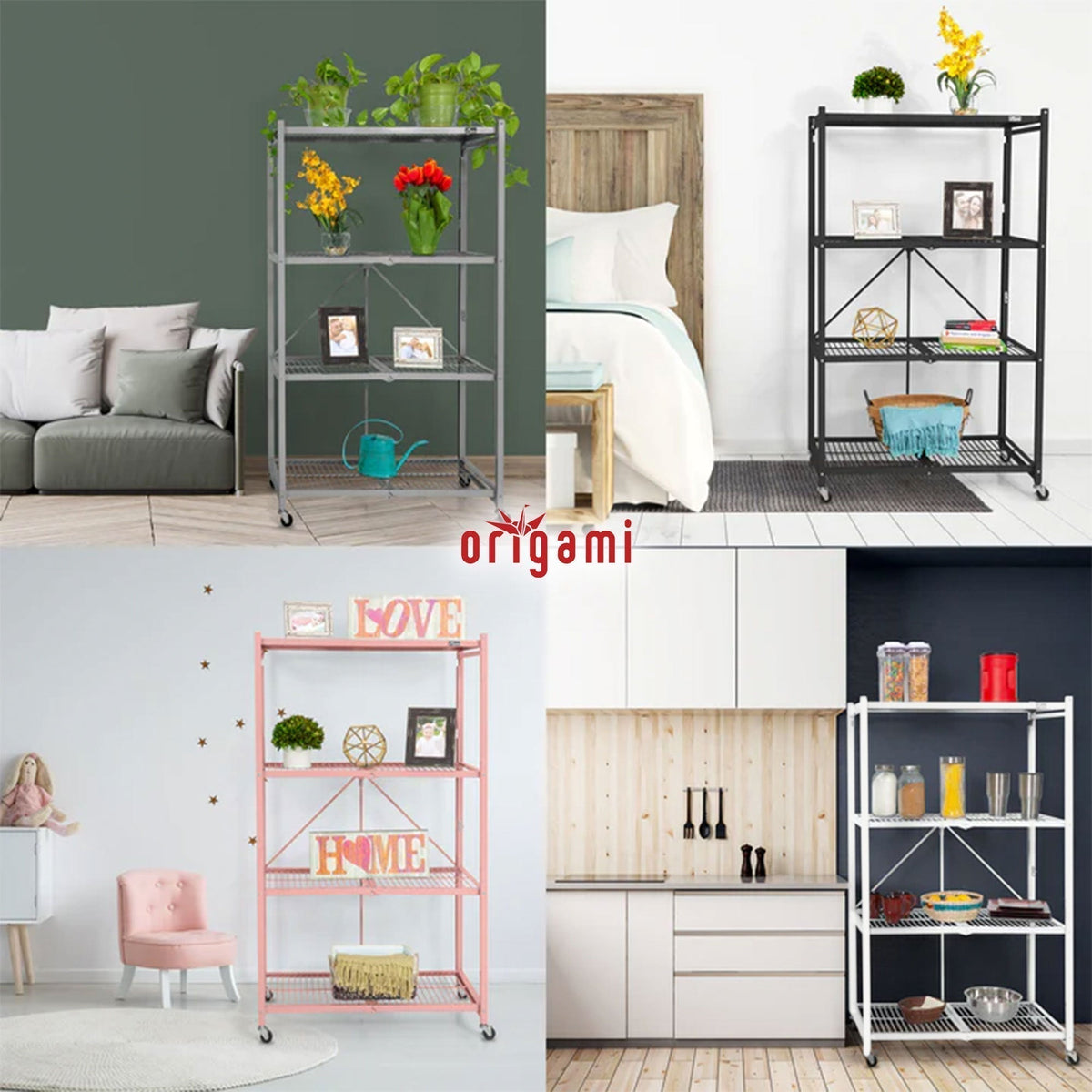 Origami 3-Pack R5-06W 4-Wheel 4-Shelf Folding Steel Wire Shelving Storage, White - 415204