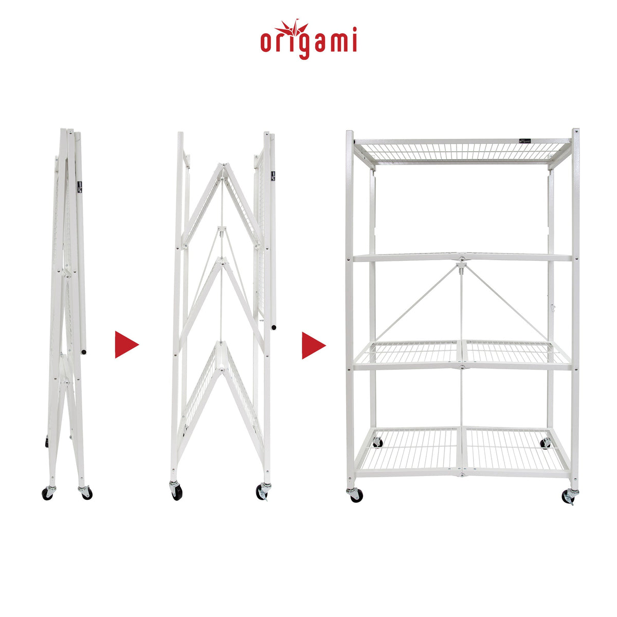 Origami 3-Pack R5-06W 4-Wheel 4-Shelf Folding Steel Wire Shelving Storage, White - 415204