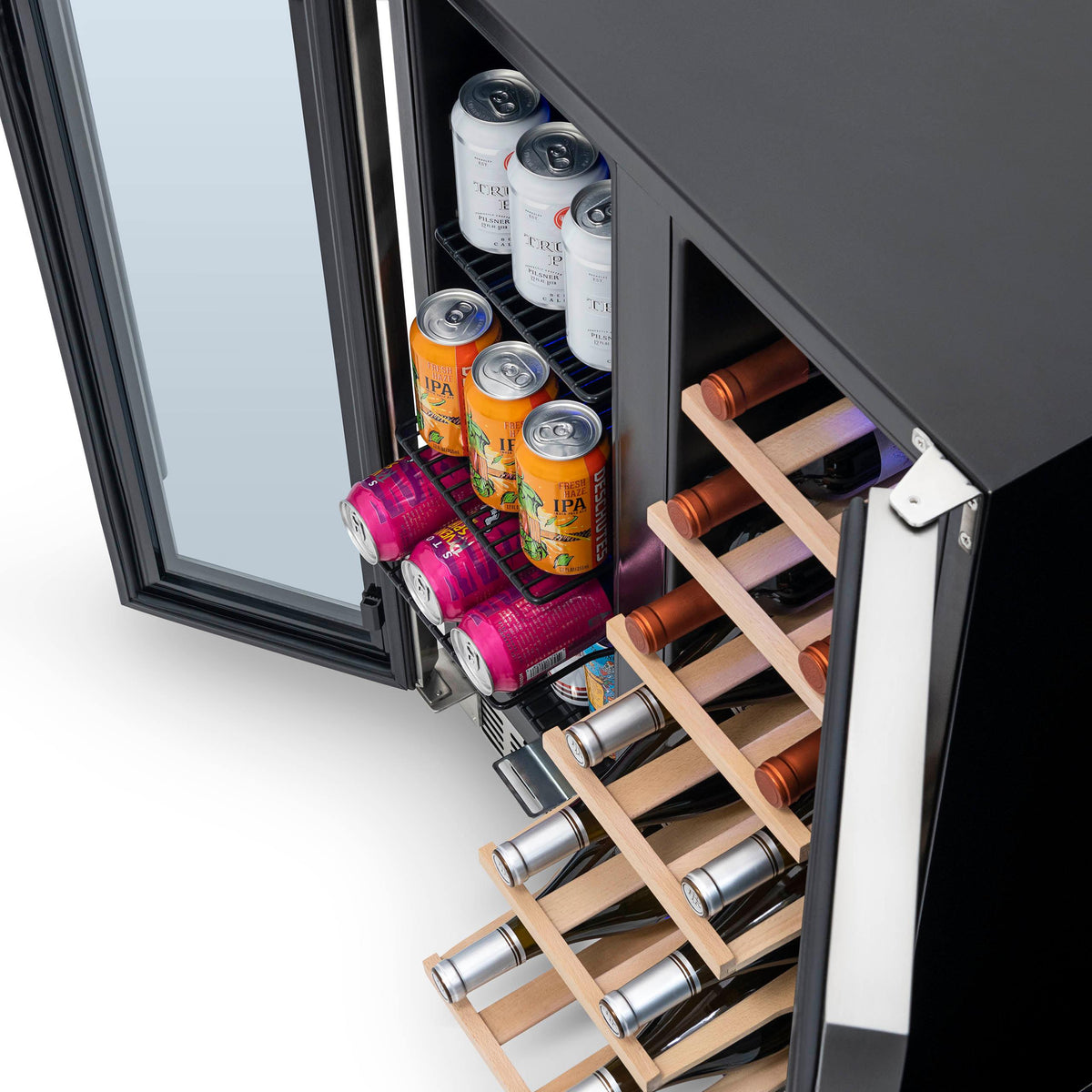 Newair - 24” 20-Bottle/60 Can Dual-Zone French Door Wine & Beverage Center (NWB080SS00) w/ Beech Wood Shelves
