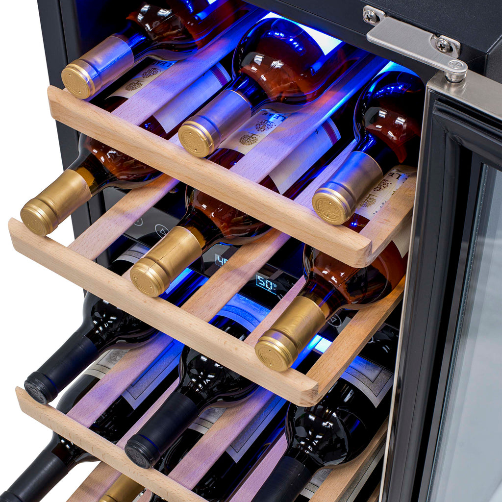 NewAir - 15" 29-Bottle Dual-Zone Wine Cooler (AWR-290DB) Stainless Steel w/ Beech Wood Shelves