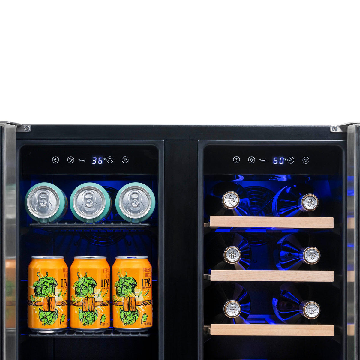 Newair - 24” 20-Bottle/60 Can Dual-Zone French Door Wine & Beverage Center (NWB080SS00) w/ Beech Wood Shelves