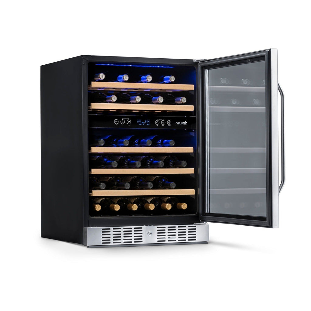 Newair - 24” 46-Bottle Dual-Zone Built-in/Freestanding Wine Cooler (AWR-460DB) - Stainless Steel w/ Beech Wood Shelves