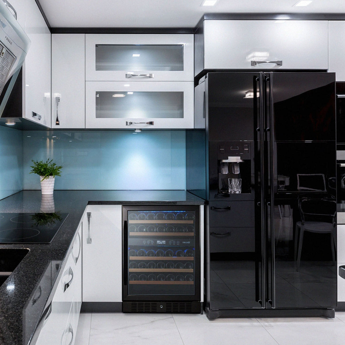 Newair - 24” 46-Bottle Dual-Zone Built-in/Freestanding Black Stainless Steel Wine Fridge (NWC046BS00)