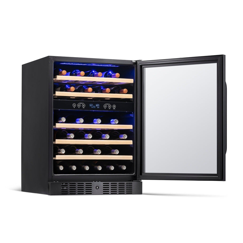 Newair - 24” 46-Bottle Dual-Zone Built-in/Freestanding Black Stainless Steel Wine Fridge (NWC046BS00)
