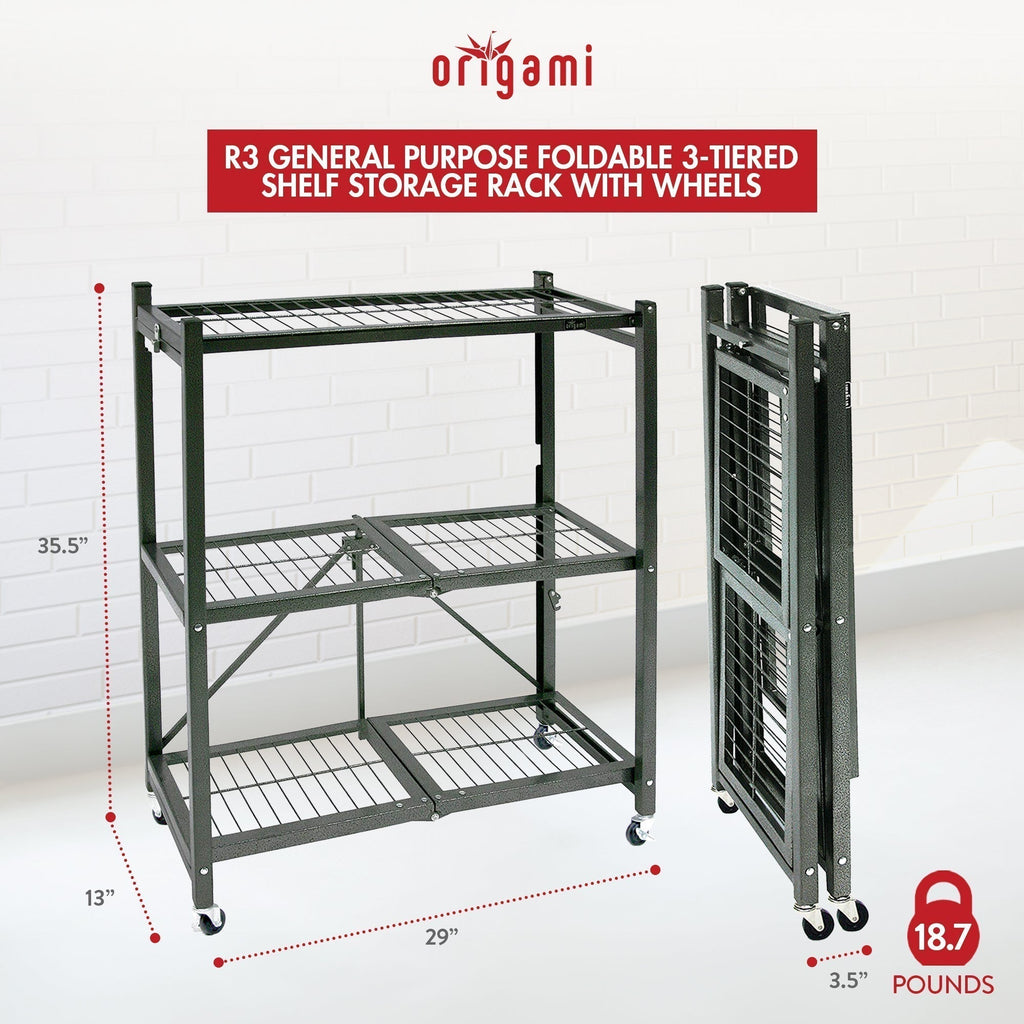 Origami R3 Foldable 3-Tiered Shelf Storage Rack & Wheels, Pewter (4 Pack) - 253008