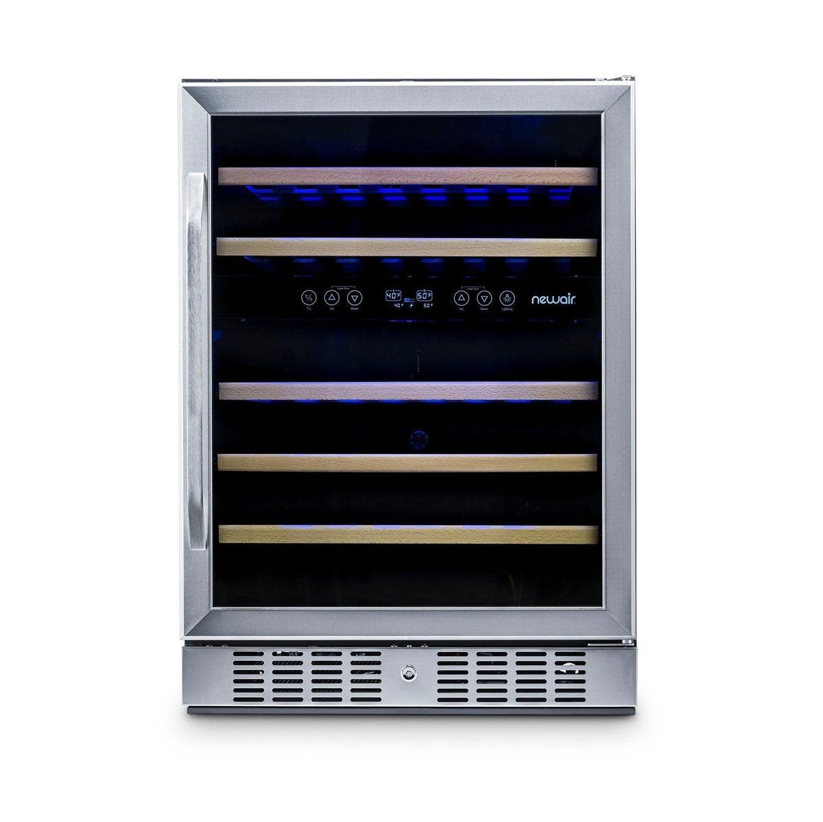 Newair - 24” 46-Bottle Dual-Zone Built-in/Freestanding Wine Cooler (AWR-460DB) - Stainless Steel w/ Beech Wood Shelves