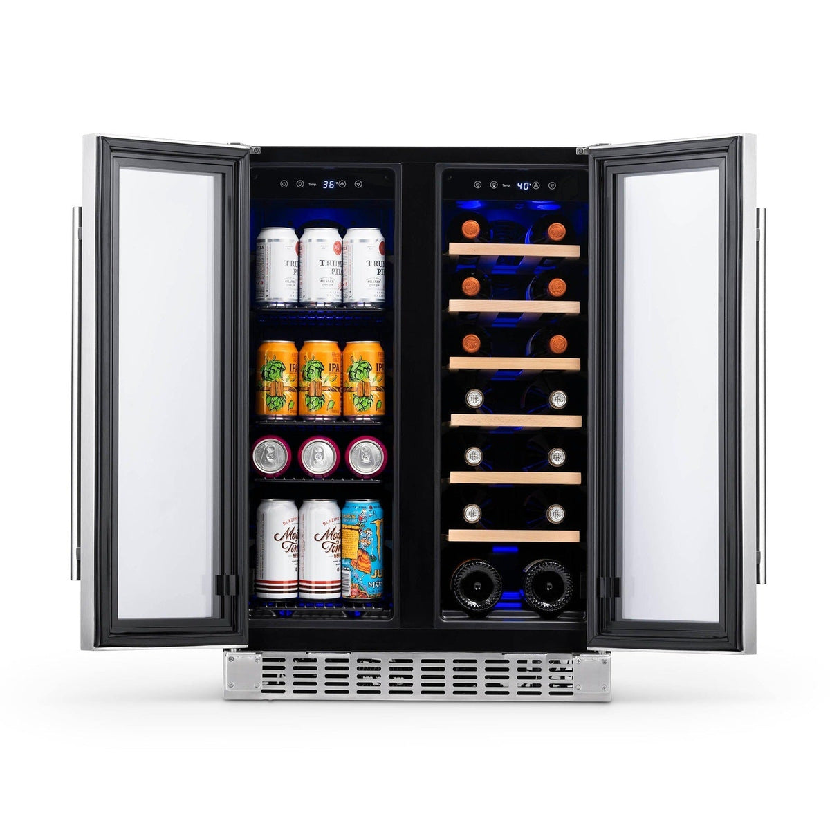 Newair - 24” 20-Bottle/60 Can Dual-Zone French Door Wine & Beverage Center (NWB080SS00) w/ Beech Wood Shelves