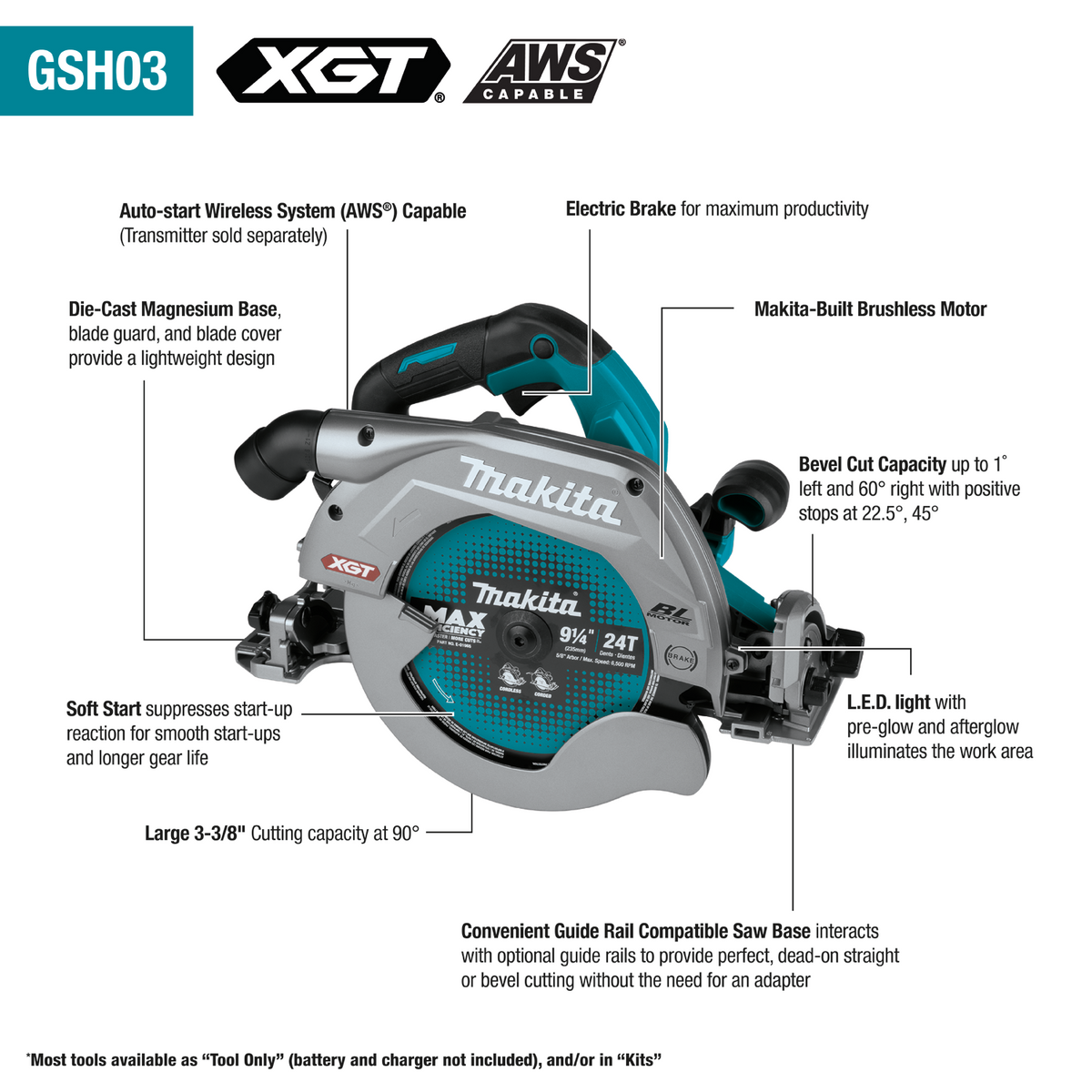 Makita 40V Max XGT 9‑1/4" Circular Saw with Guide Rail Compatible Base (Bare Tool) - GSH03Z