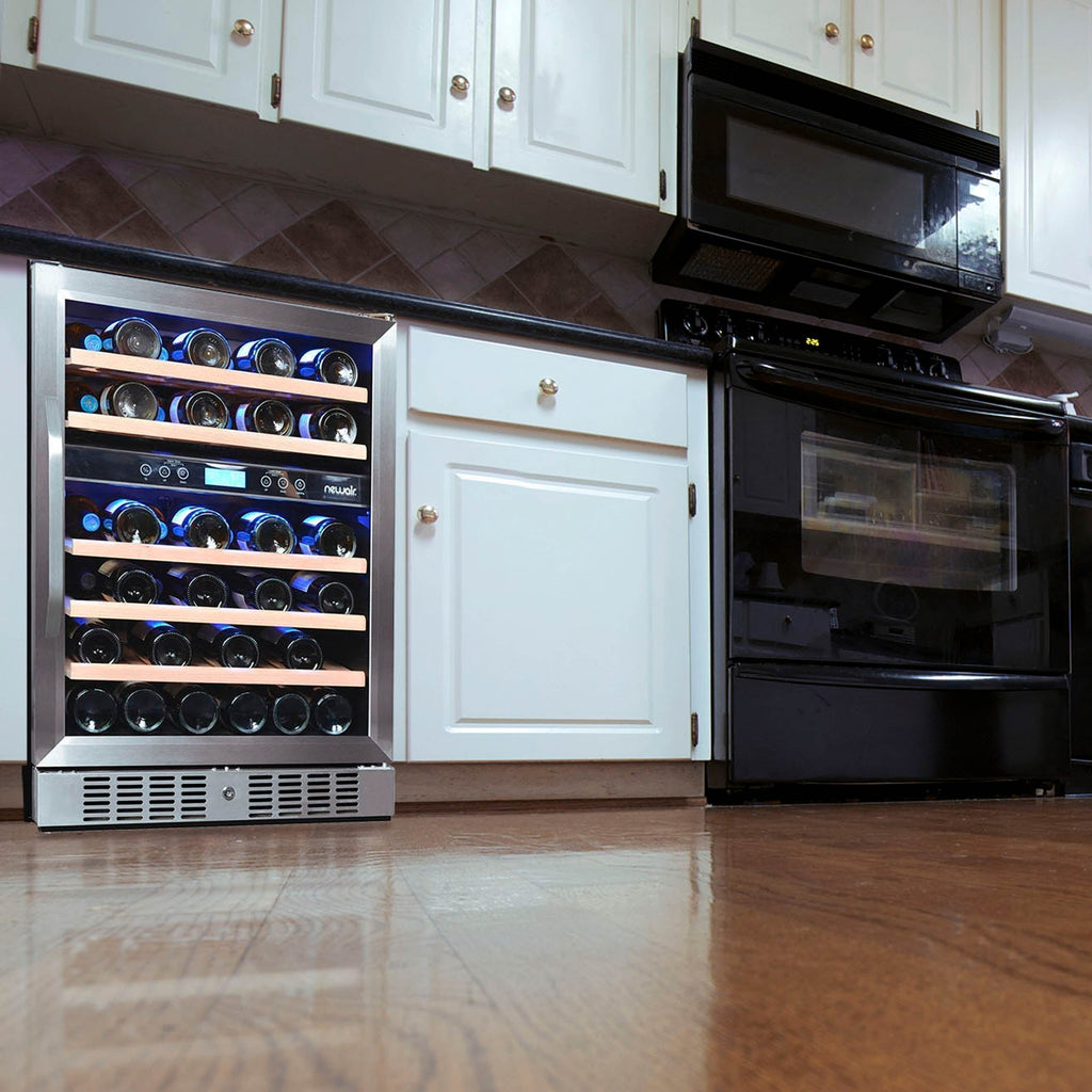 Newair - 24” 46-Bottle Dual-Zone Built-in/Freestanding Wine Cooler (AWR-460DB) - Stainless Steel w/ Beech Wood Shelves