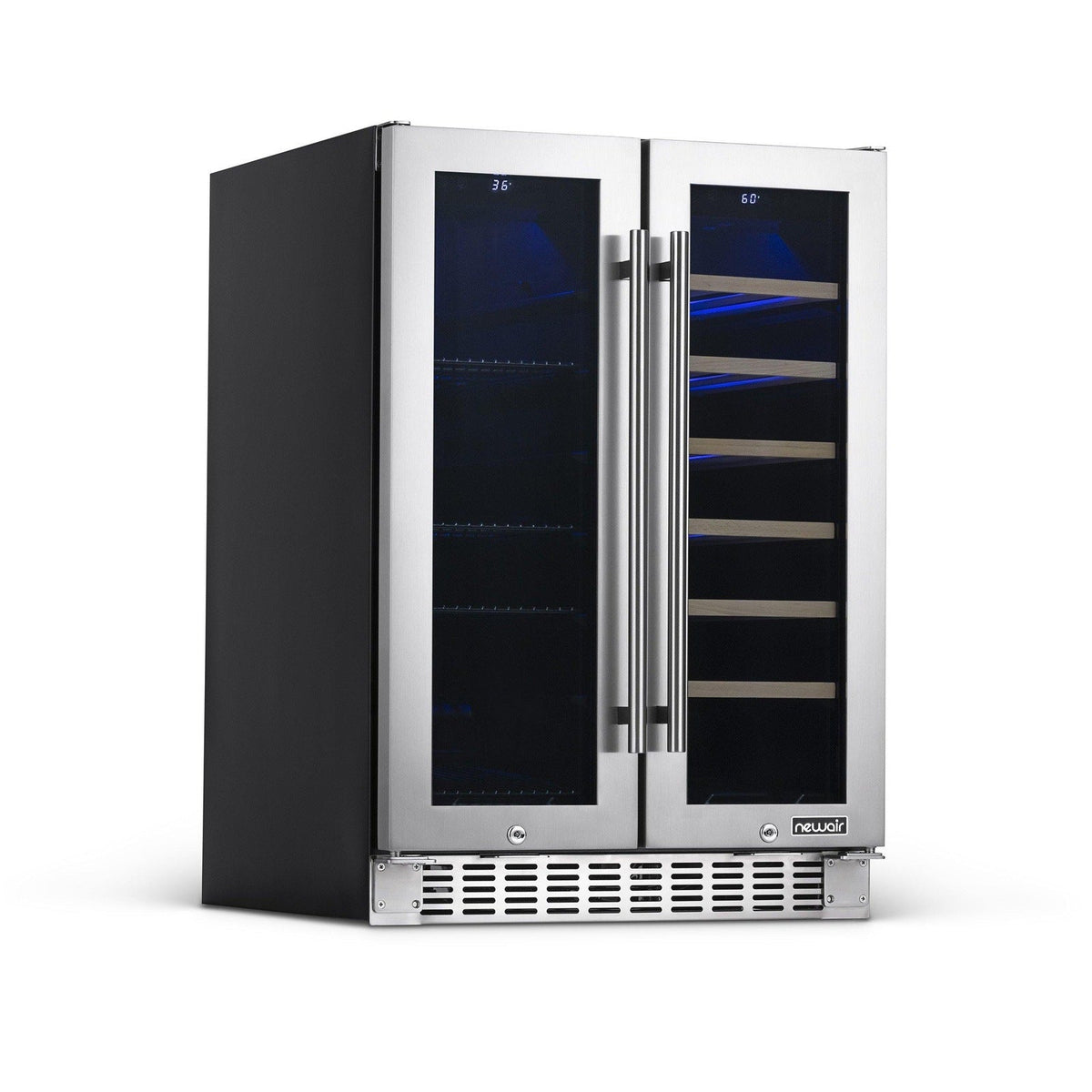Newair - 24” 20-Bottle/60 Can Dual-Zone French Door Wine & Beverage Center (NWB080SS00) w/ Beech Wood Shelves