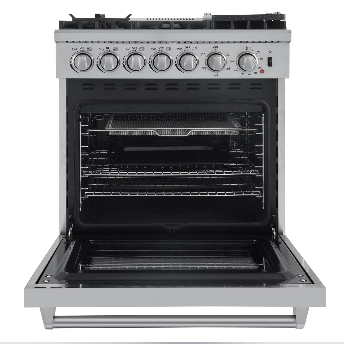 Forno 4-Piece Appliance Package - 30-Inch Dual Fuel Range with Air Fryer, Refrigerator, Wall Mount Hood, & 3-Rack Dishwasher in Stainless Steel - APR4-6196-30-H