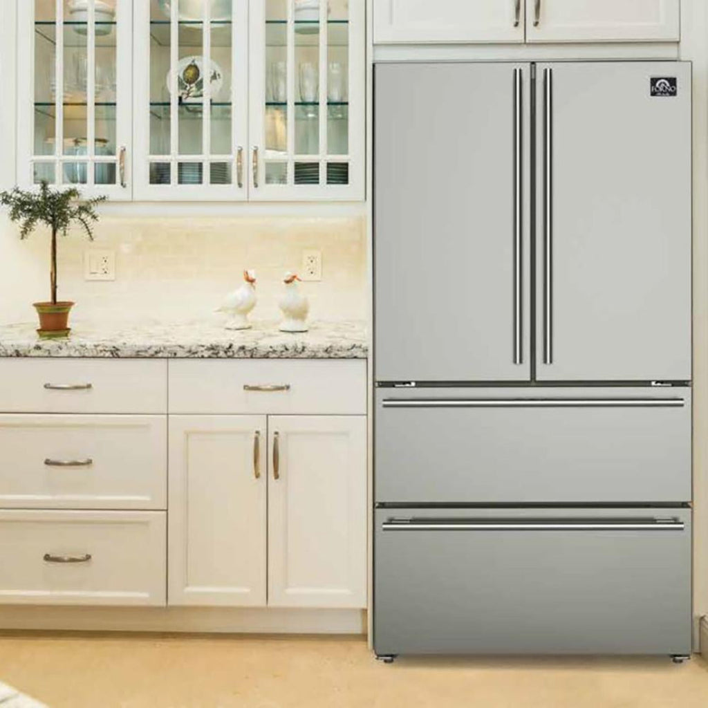 Forno 5-Piece Appliance Package - 36-Inch Gas Range, Refrigerator, Wall Mount Hood, 24-Inch Microwave Oven, & 3-Rack Dishwasher in Stainless Steel - APR5-6244-36-H-MWO