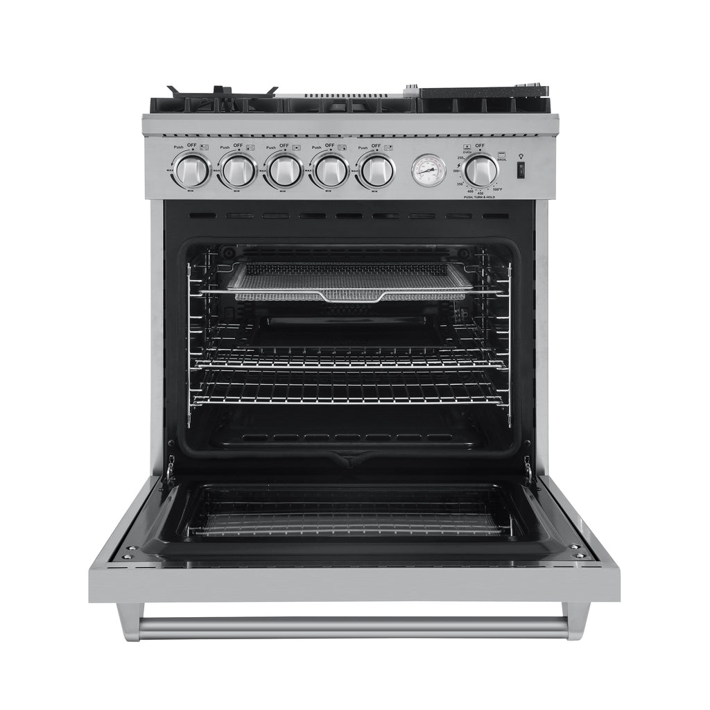 Forno 5-Piece Appliance Package - 30-Inch Gas Range with Air Fryer, Refrigerator, Wall Mount Hood, 24-Inch Microwave Drawer, & 3-Rack Dishwasher in Stainless Steel - APR5-6276-30-H-MWD