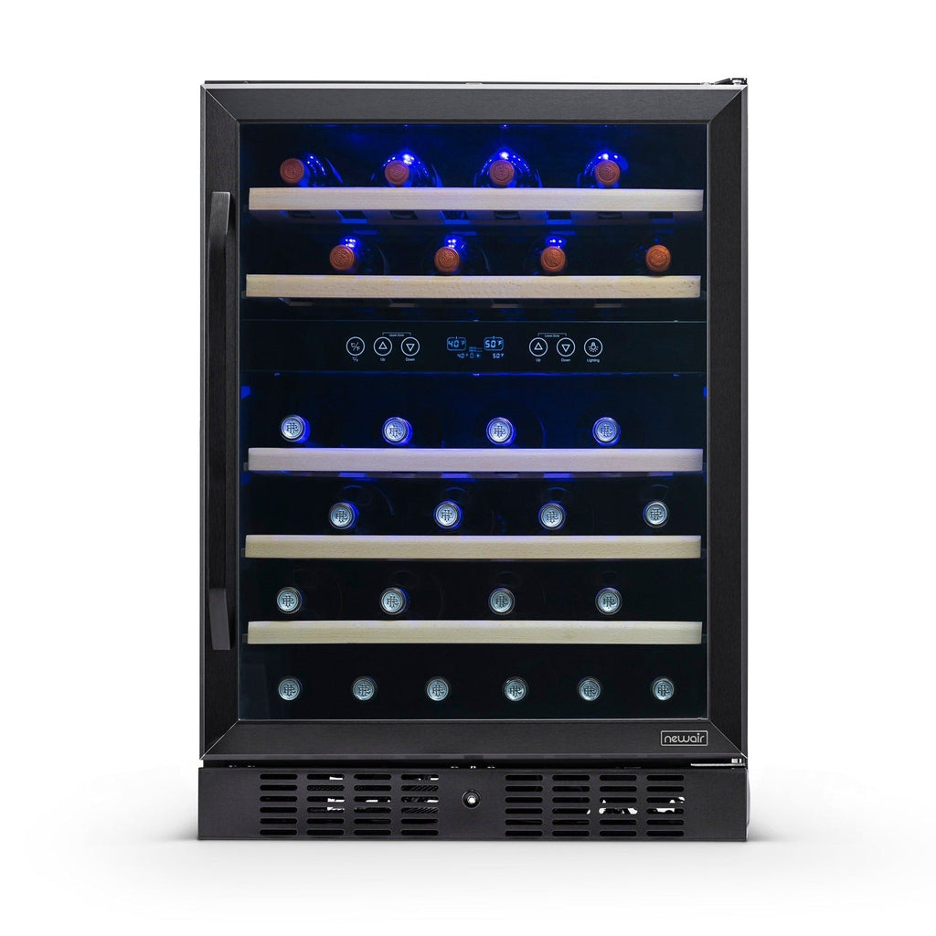 Newair - 24” 46-Bottle Dual-Zone Built-in/Freestanding Black Stainless Steel Wine Fridge (NWC046BS00)