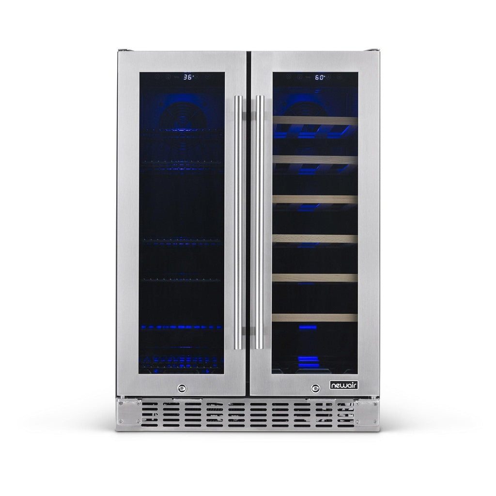 Newair - 24” 20-Bottle/60 Can Dual-Zone French Door Wine & Beverage Center (NWB080SS00) w/ Beech Wood Shelves