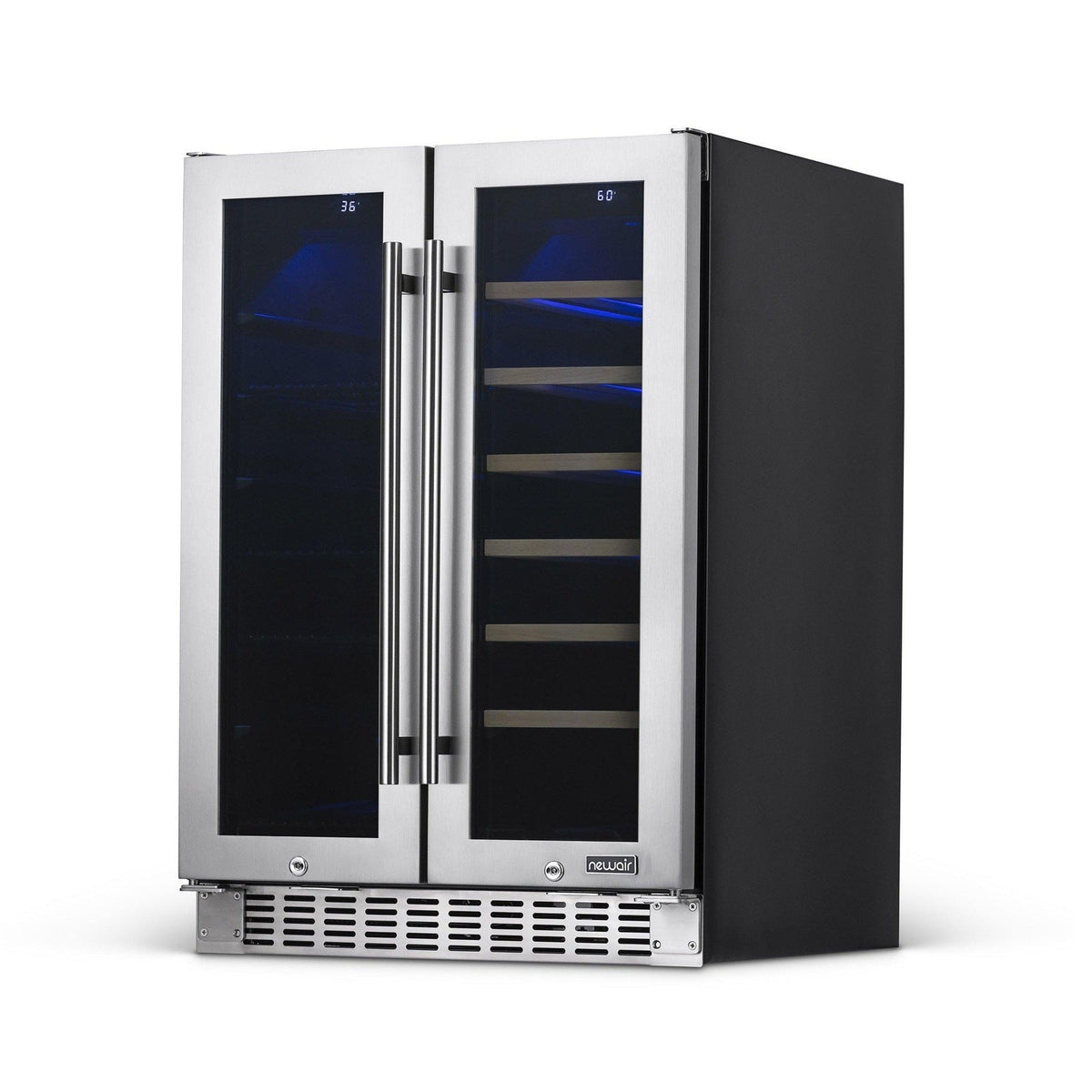 Newair - 24” 20-Bottle/60 Can Dual-Zone French Door Wine & Beverage Center (NWB080SS00) w/ Beech Wood Shelves