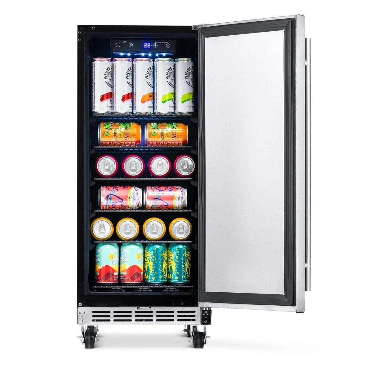 NewAir - 15" 90-Can Weatherproof Outdoor Beverage Center (NOF090SS00) Stainless Steel w/ Auto-Closing Door & Easy Glide Casters