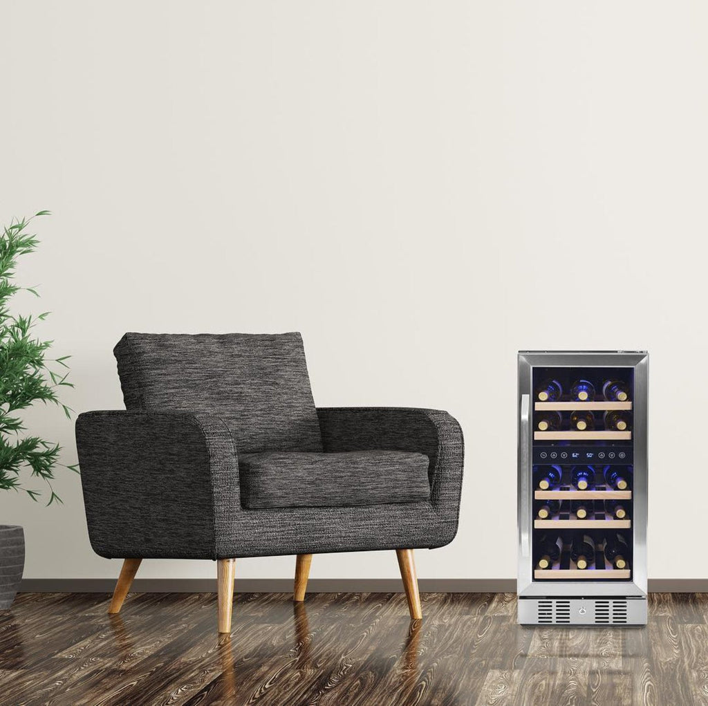 NewAir - 15" 29-Bottle Dual-Zone Wine Cooler (AWR-290DB) Stainless Steel w/ Beech Wood Shelves