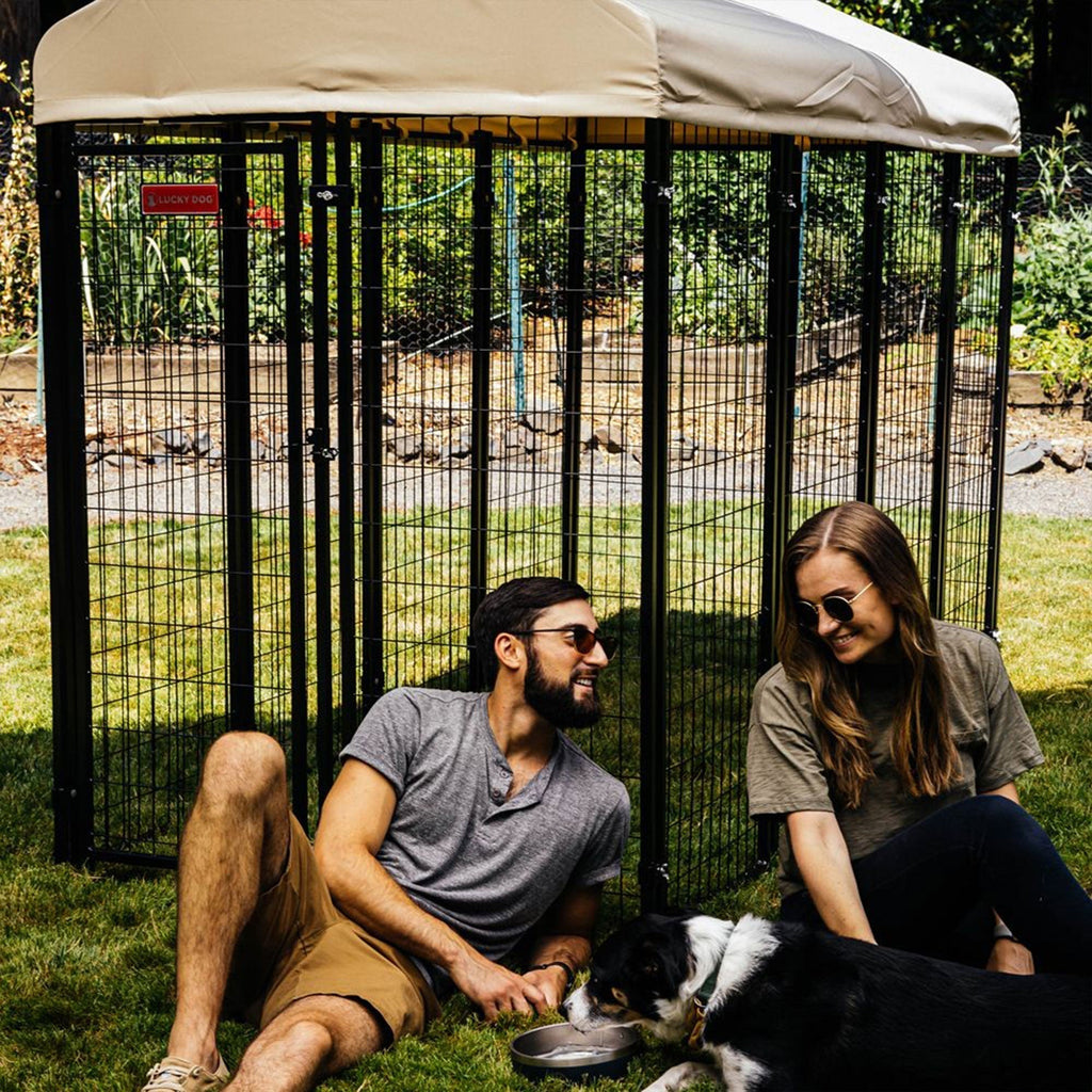 Lucky Dog STAY Series 4 x 8 x 6 Foot Roofed Steel Frame Villa Dog Kennel, Khaki - 268852
