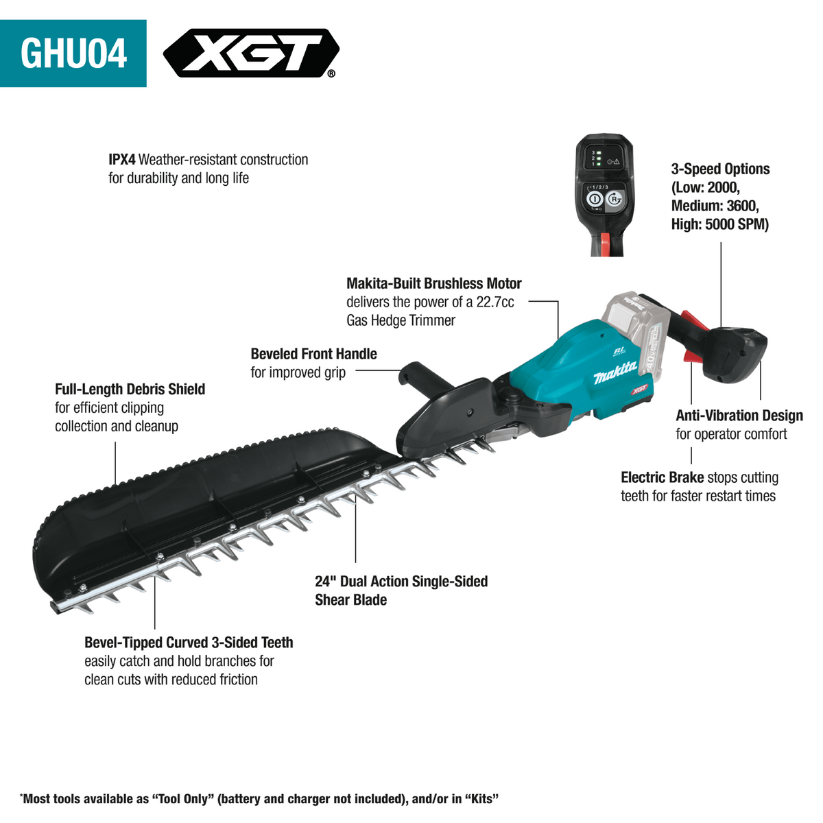 Makita 40V max XGT Brushless Cordless 24" Single Sided Hedge Trimmer Kit (4.0Ah) - GHU04M1