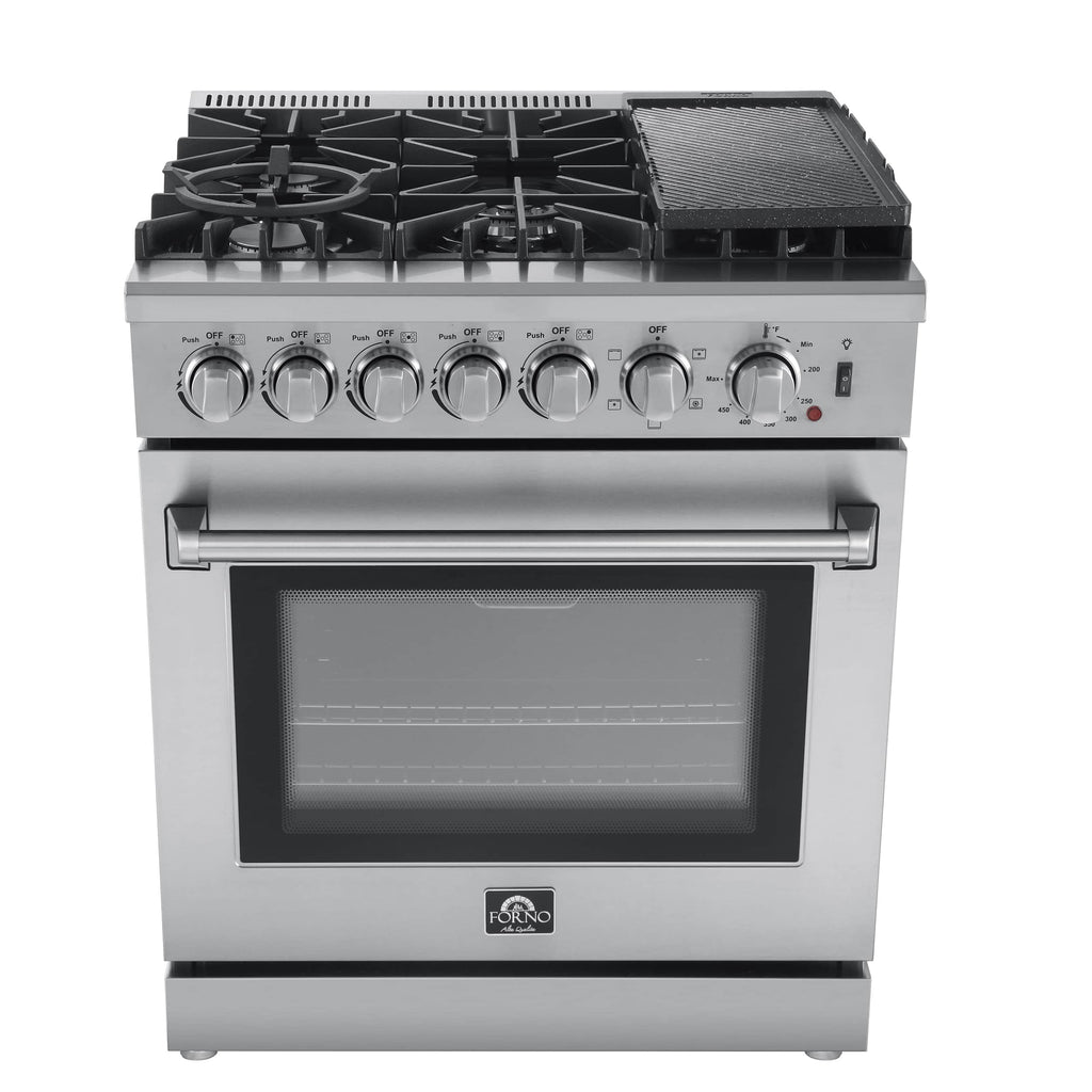 Forno 3-Piece Appliance Package - 30-Inch Dual Fuel Range with Air Fryer, French Door Refrigerator, and Dishwasher in Stainless Steel - AP3-6196-30