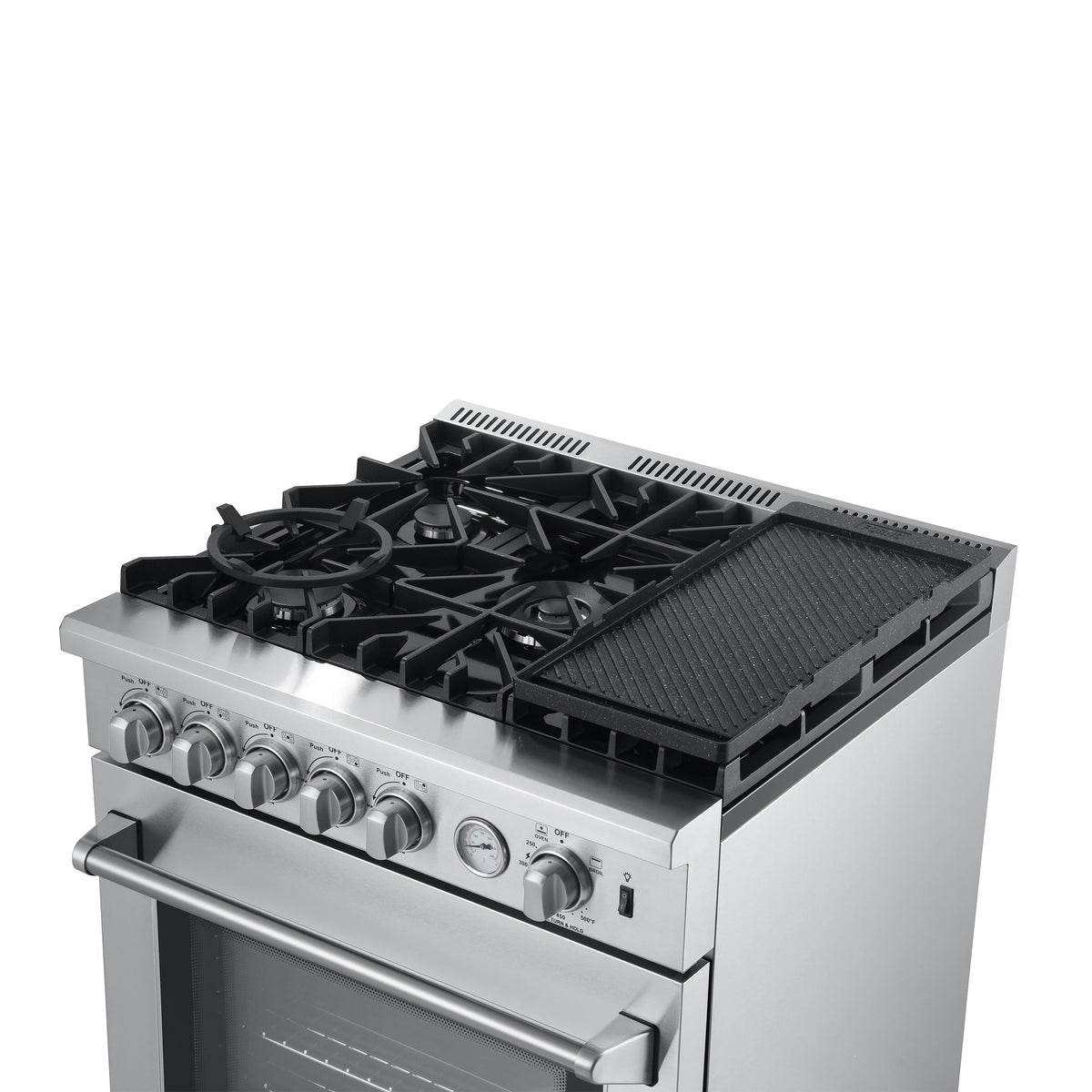 Forno 5-Piece Appliance Package - 30-Inch Gas Range with Air Fryer, Refrigerator, Wall Mount Hood, 24-Inch Microwave Oven, & 3-Rack Dishwasher in Stainless Steel - APR5-6276-30-H-MWO