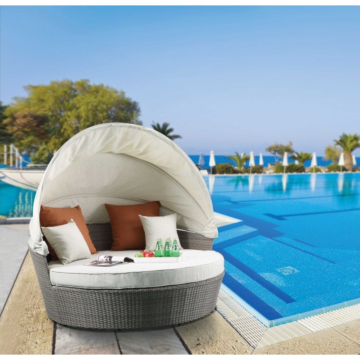 HomeRoots Outdoors  Beige Fabric And Gray Wicker Patio Canopy Daybed and Ottoman Set - 318799