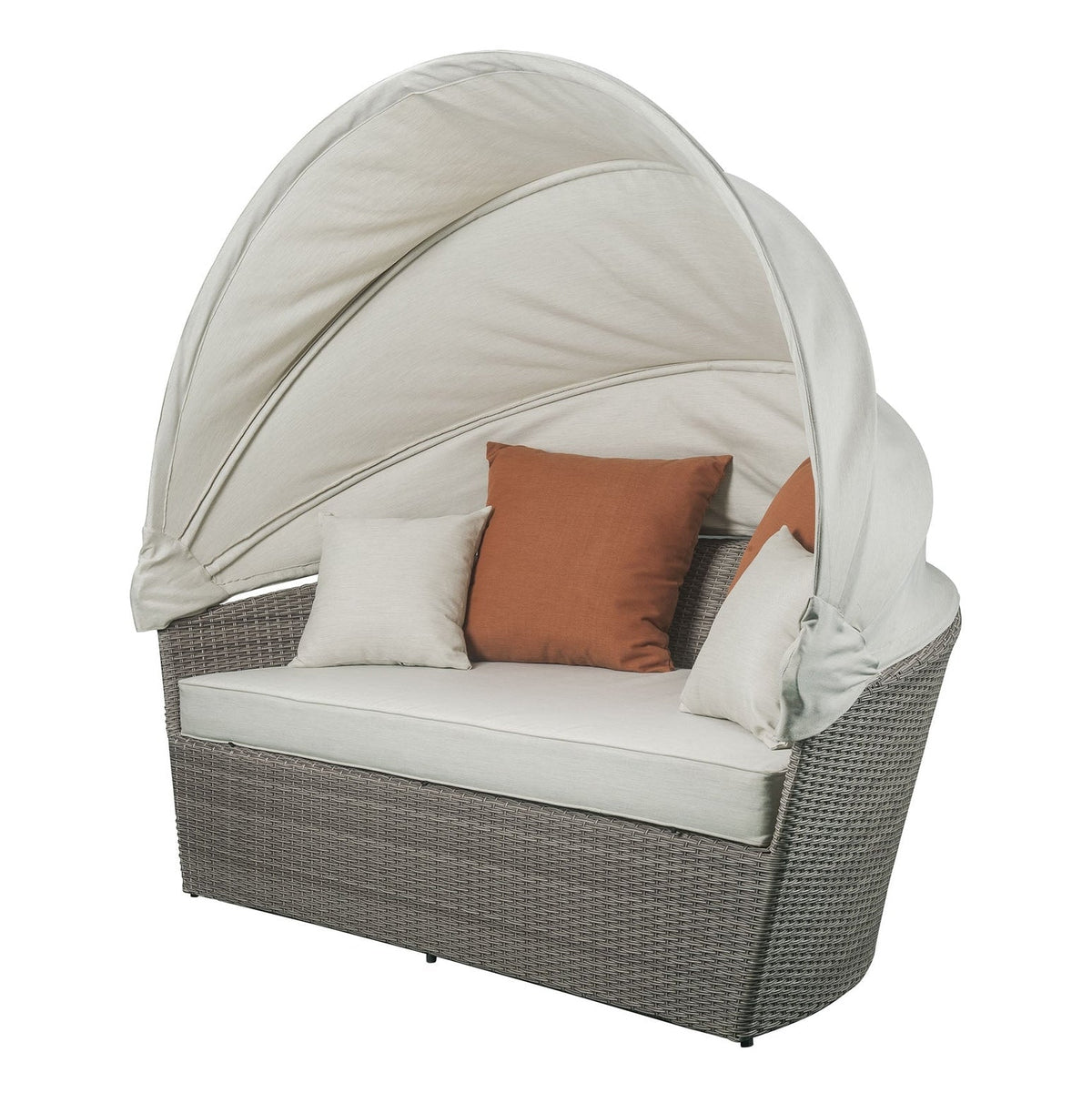 HomeRoots Outdoors  Beige Fabric And Gray Wicker Patio Canopy Daybed and Ottoman Set - 318799