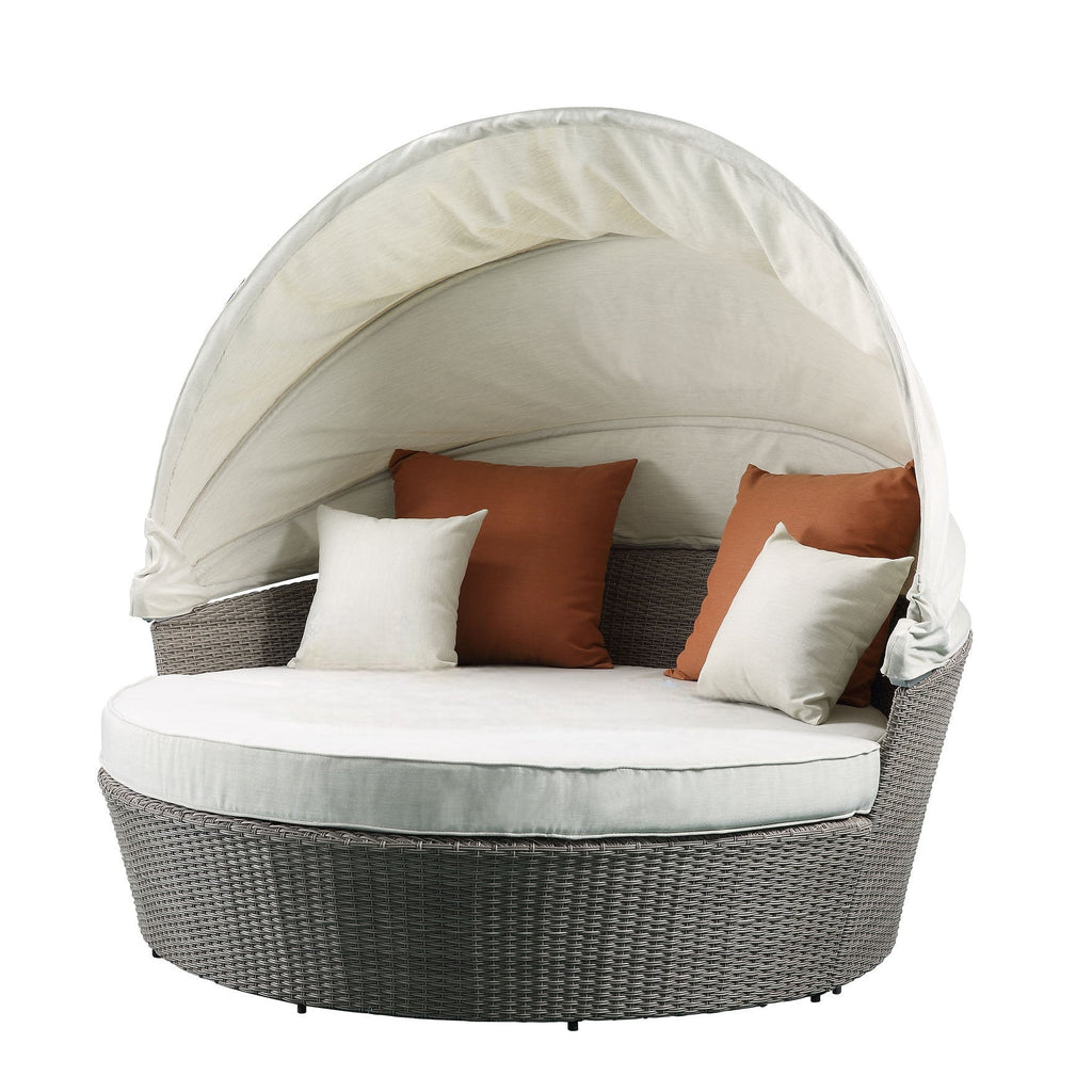 HomeRoots Outdoors  Beige Fabric And Gray Wicker Patio Canopy Daybed and Ottoman Set - 318799