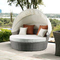 HomeRoots Outdoors  Beige Fabric And Gray Wicker Patio Canopy Daybed and Ottoman Set - 318799