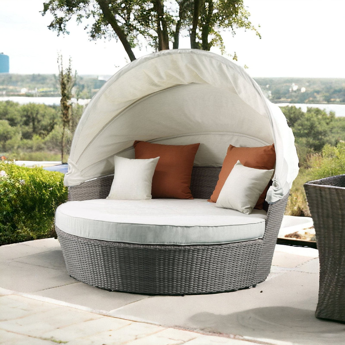 HomeRoots Outdoors  Beige Fabric And Gray Wicker Patio Canopy Daybed and Ottoman Set - 318799