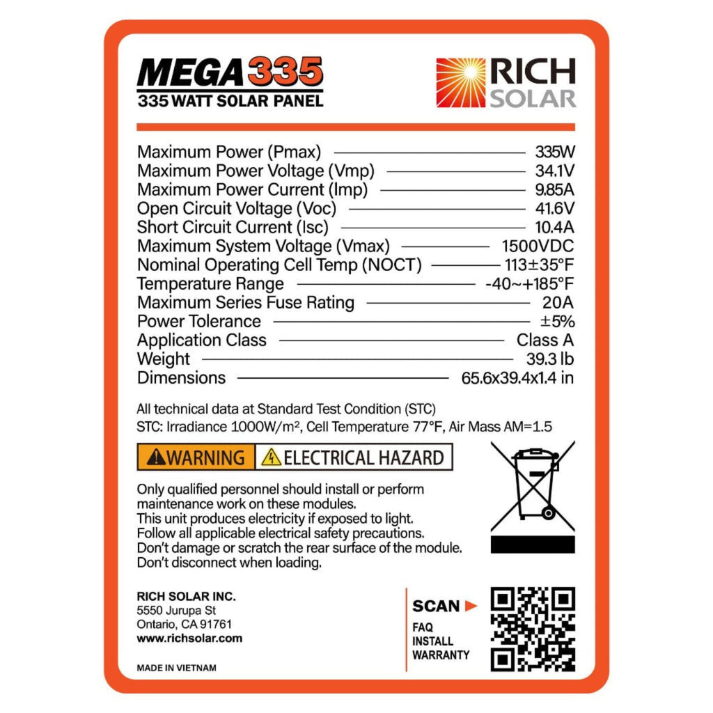 MEGA 335 Watt Monocrystalline Solar Panel | High Efficiency | Best Panel for Grid-Tie and Off-Grid