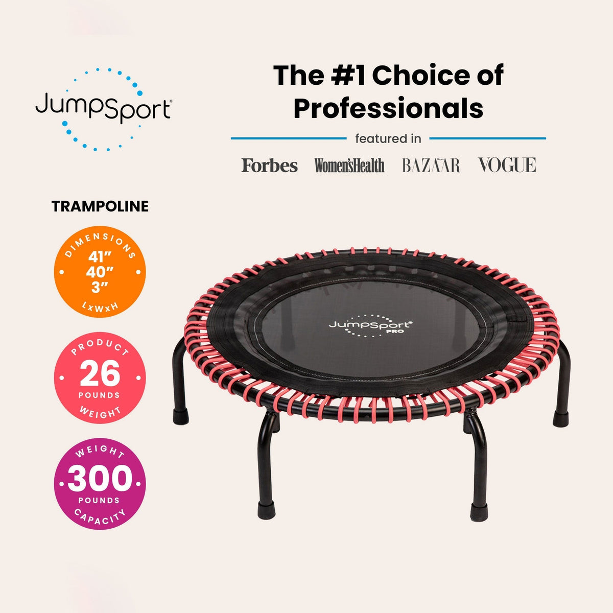 Disc-O-Bed JumpSport 350 PRO 39 Inch Fitness Trampoline with Pink EnduroLast Elastic Cords - 348951