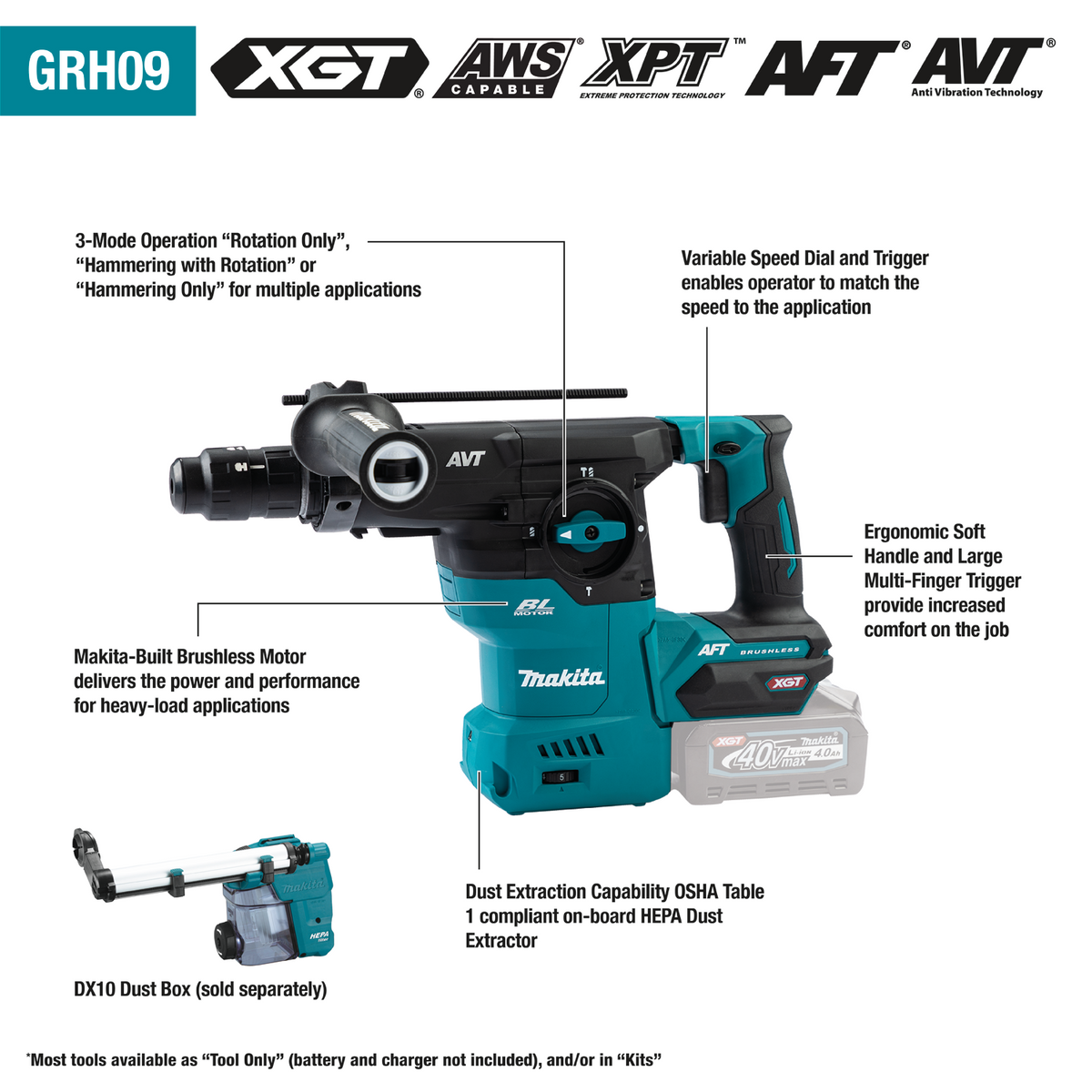 Makita 40V max XGT Brushless Cordless 1‑3/16" SDS‑PLUS AVT Rotary Hammer Kit, with Interchangeable Chuck, AWS Capable (4.0Ah) - GRH09M1